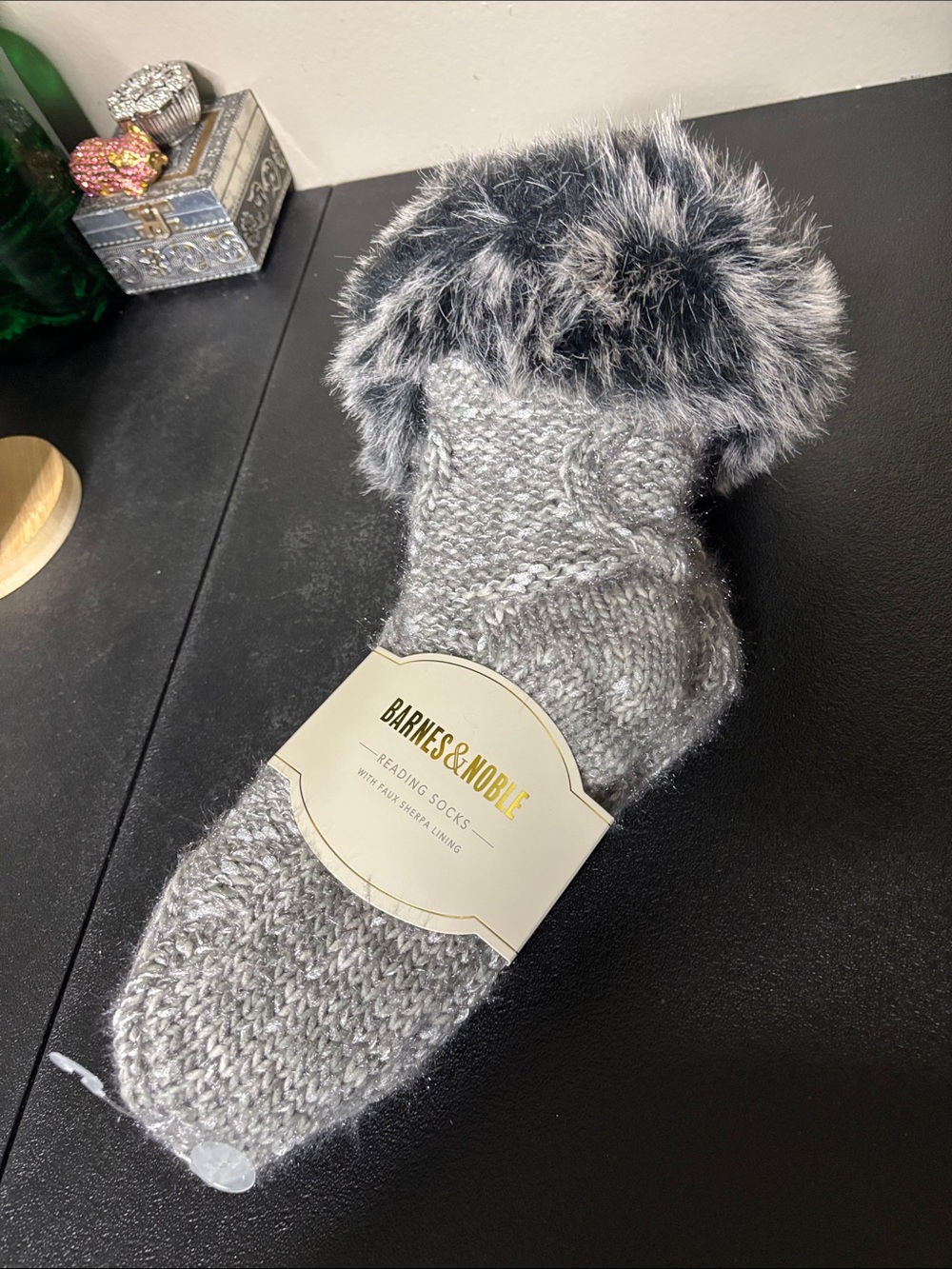 Barnes & Noble Gray Knit Reading Socks with Faux Sherpa Fur Cuff